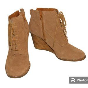 Lucky Brand Yoanna Womens Boots Size 8M Tan Suede Lace Up Wedge Zip Ankle Boots